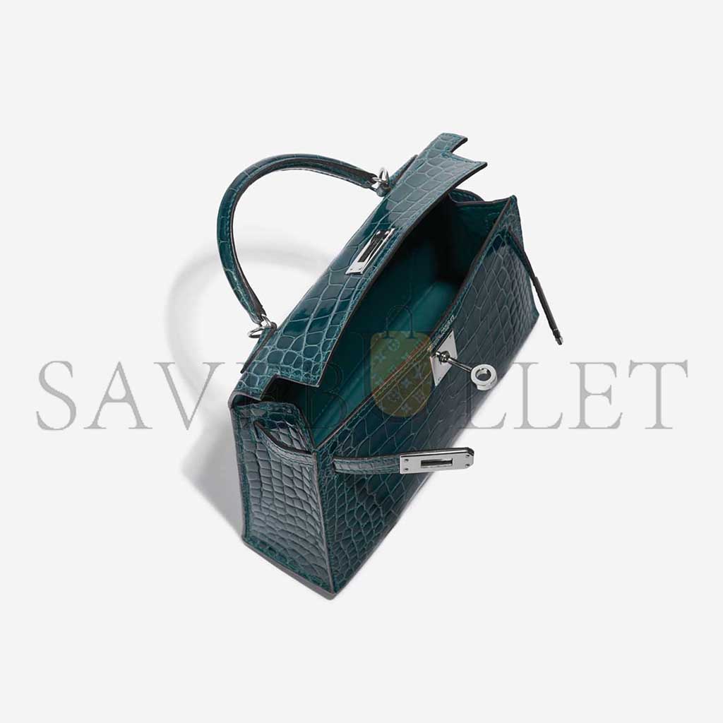 H**mes master kelly mini ii silver buckle shiny crocodile bosphorus green (19*12*5.5cm)